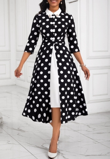 Polka Dot Fake 2in1 Black Polo Collar Dress
