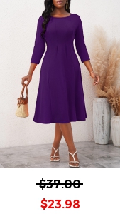 Purple 3/4 Sleeve Round Neck Dress