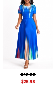 Ombre Pleated Royal Blue Round Neck Maxi Dress