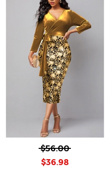 Floral Print Hot Stamping Belted Golden Dress