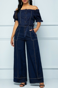 Button Belted Navy Long Off Shoulder Jumpsuit