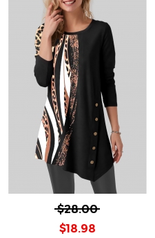 Leopard Round Neck Black Long Sleeve T Shirt