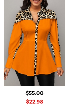 Leopard Patchwork Orange Shirt Collar Long Sleeve Blouse