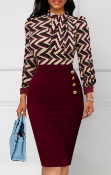 Striped Button Wine Red Tie Collar Bodycon Dress
