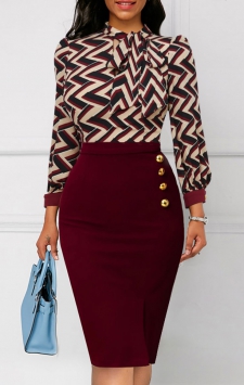 Striped Button Wine Red Tie Collar Bodycon Dress