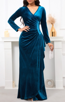 Velvet Peacock Blue Long Sleeve Dress