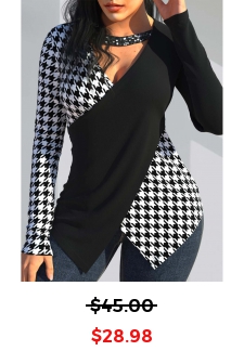 Houndstooth Print Sequin Black V Neck T Shirt