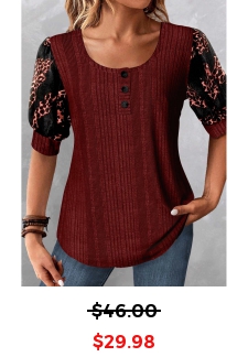 Leopard Patchwork Wine Red Scoop Neck Blouse