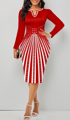 Geometric Print Split Red Long Sleeve Bodycon Dress