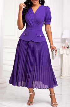 Half Sleeve Pleated Purple V Neck Dress