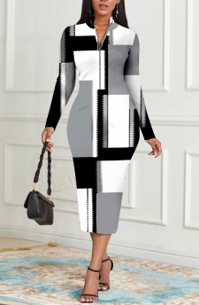Geometric Print Zipper Grey Long Sleeve Bodycon Dress