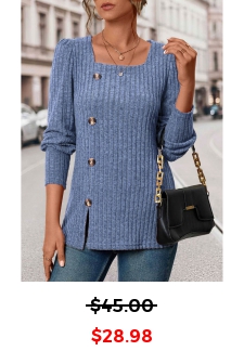 Blue Square Neck Long Sleeve Button T Shirt