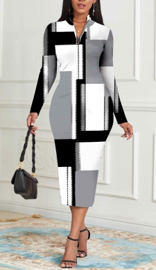 Geometric Print Zipper Grey Long Sleeve Bodycon Dress