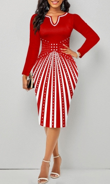Geometric Print Split Red Long Sleeve Bodycon Dress