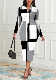 Geometric Print Zipper Grey Long Sleeve Bodycon Dress
