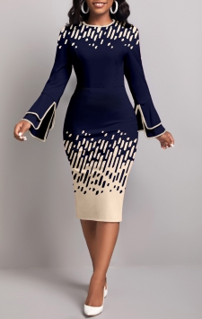 Geometric Print Contrast Binding Navy Long Sleeve Dress