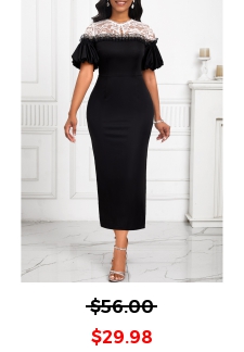 Lace Round Neck Short Sleeve Black Bodycon Dress