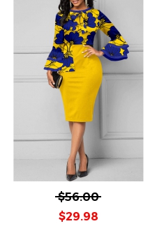 Floral Print Contrast Binding Yellow Long Sleeve Dress