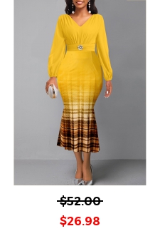 Plaid Yellow Long Sleeve V Neck Mermaid Dress