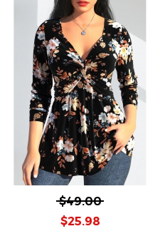 Random Floral Print Twist Black Long Sleeve T Shirt
