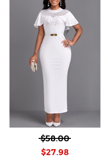Pearl Belted White Round Neck Maxi Bodycon Dress