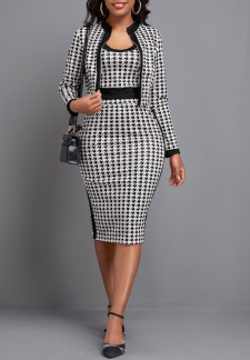 Plaid Split Black Long Sleeve Top and Skirt
