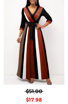 Striped Surplice Belted Dark Coffee Dress