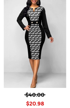 Baroque Print Patchwork Black Split Neck Bodycon Dress
