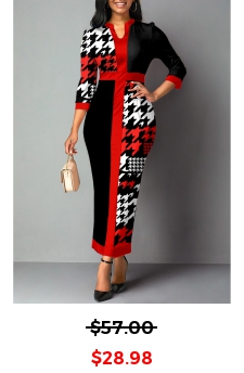 Houndstooth Print Split Neck Black Bodycon Dress