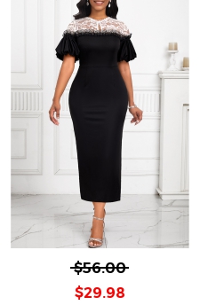 Lace Round Neck Short Sleeve Black Bodycon Dress