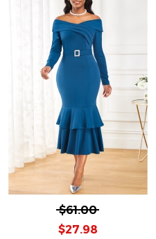 Belted Peacock Blue Long Sleeve Mermaid Dress