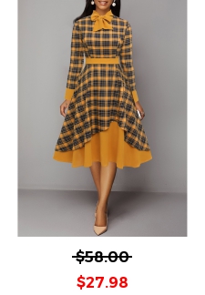 Plaid Patchwork Orange Tie Collar Long Sleeve Dress
