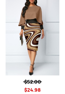 Light Coffee Round Neck Geometric Print Bodycon Dress