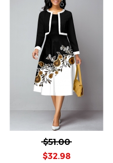 Long Sleeve Black Cardigan and Paisley Print Dress