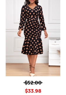 Polka Dot Ruched Black Long Sleeve Dress