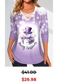 Christmas Snowman Print Criss Cross Light Purple T Shirt