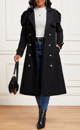Pocket Black Long Sleeve Lapel Trench Coat