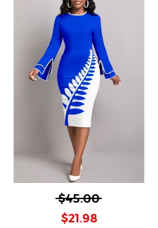 Leaf Print Patchwork Royal Blue Bodycon Dress