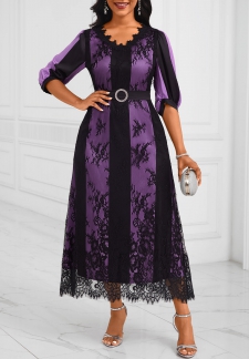 Lace Belted Purple V Neck Half Sleeve Dress
