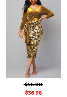 Floral Print Hot Stamping Belted Golden Dress