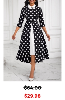 Polka Dot Fake 2in1 Black Polo Collar Dress