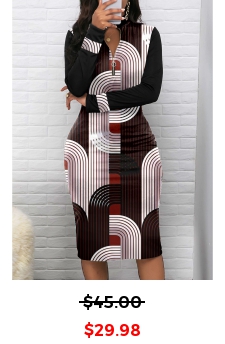 Geometric Print Zipper Black Long Sleeve Bodycon Dress