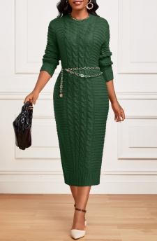 Twisted Green Long Sleeve Round Neck Dress