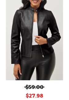 Zipper Stand Collar Long Sleeve Black Jacket