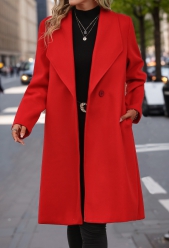 Button Red Long Sleeve Lapel Coat