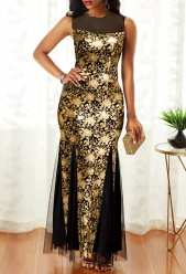 Floral Print Hot Stamping Golden Maxi Bodycon Dress