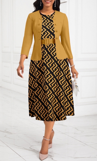 Geometric Print Two Piece Belted Ginger Round Neck Dress and Cardigan