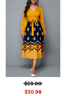 Tribal Print Umbrella Hem Belted Ginger Long Sleeve Dress