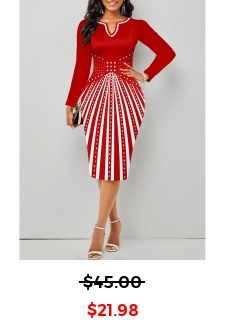 Geometric Print Split Red Long Sleeve Bodycon Dress