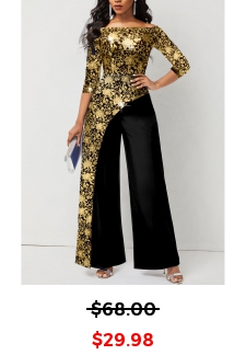 Floral Print Hot Stamping Golden Jumpsuit